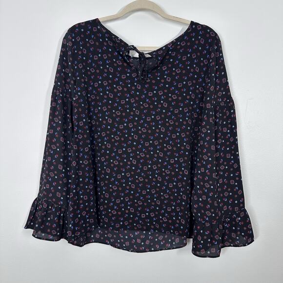Loft Womens M Black Printed Floral Long Bell Sleeve Semi Sheer Blouse Workwear - Picture 6 of 7